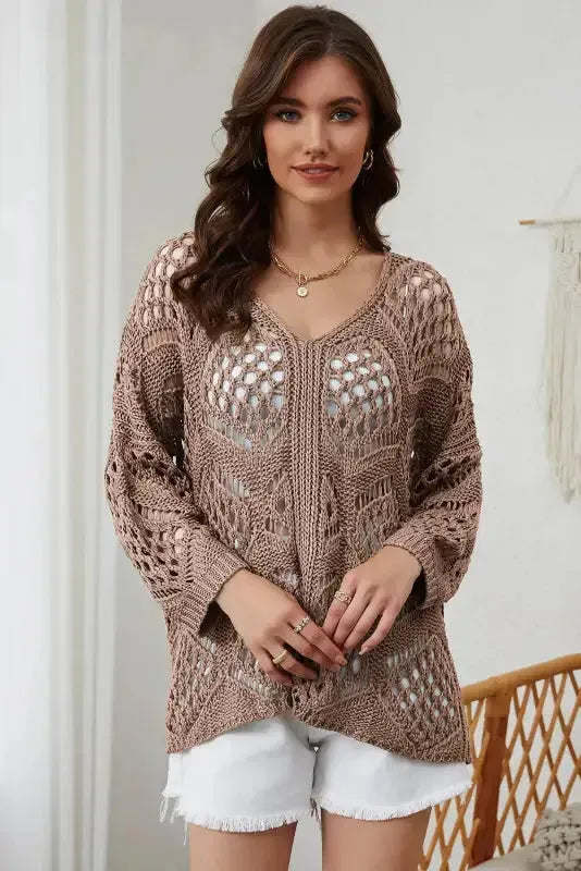 Khaki Hollowed Knit V Neck Sweater - Fashionfitz