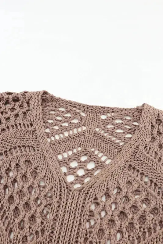 Khaki Hollowed Knit V Neck Sweater - Fashionfitz