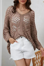 Khaki Hollowed Knit V Neck Sweater - Fashionfitz