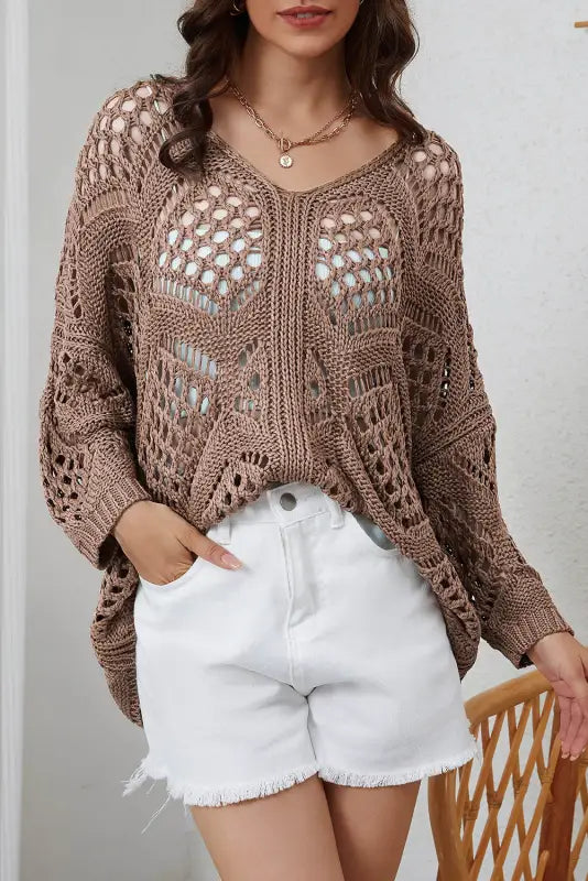 Khaki hollowed knit v neck sweater - sweaters