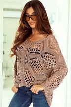 Khaki Hollowed Knit V Neck Sweater - Fashionfitz