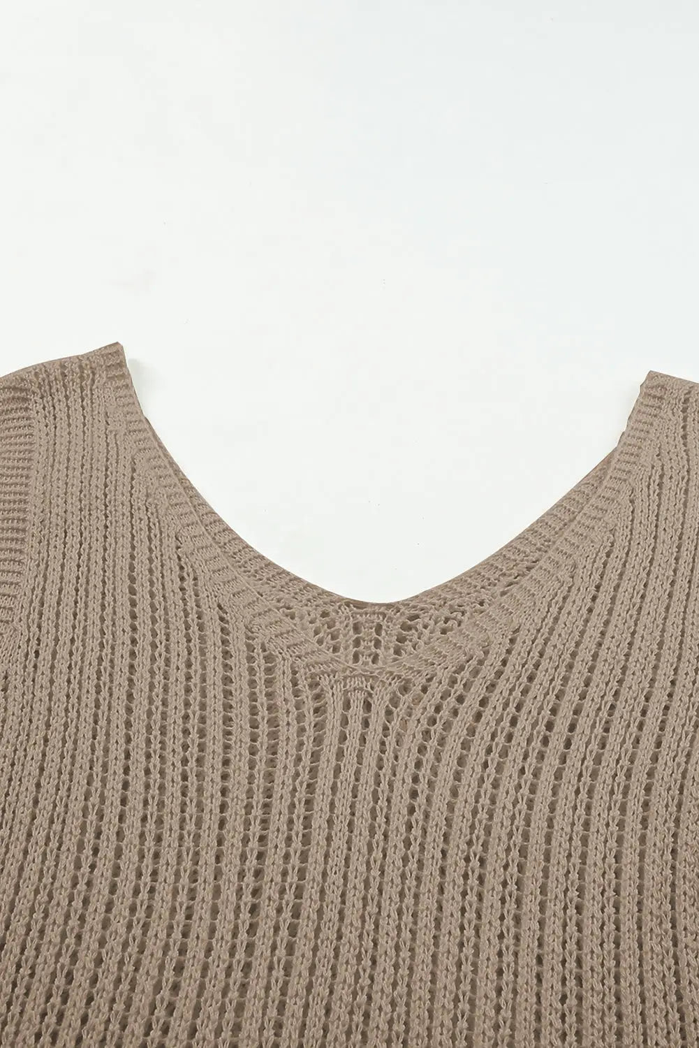 Khaki hollowed knit v neck tank top - tops