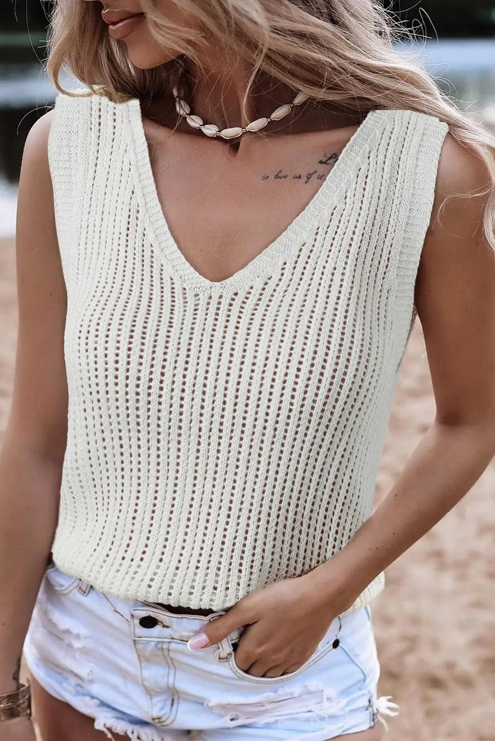 Khaki hollowed knit v neck tank top - white / s / 100% acrylic - tops