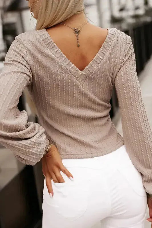 Khaki Knitted Jacquard V Neck Lantern Sleeve Top - Fashionfitz