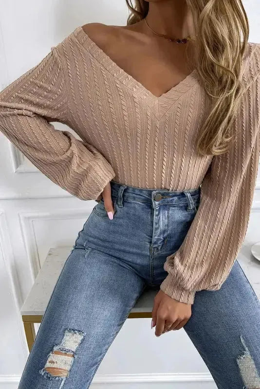 Khaki Knitted Jacquard V Neck Lantern Sleeve Top - Fashionfitz