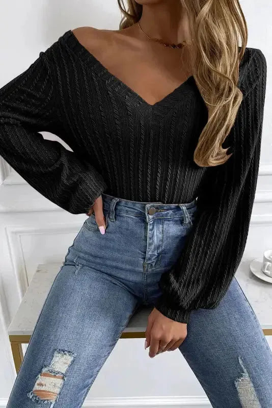 Khaki Knitted Jacquard V Neck Lantern Sleeve Top - Fashionfitz