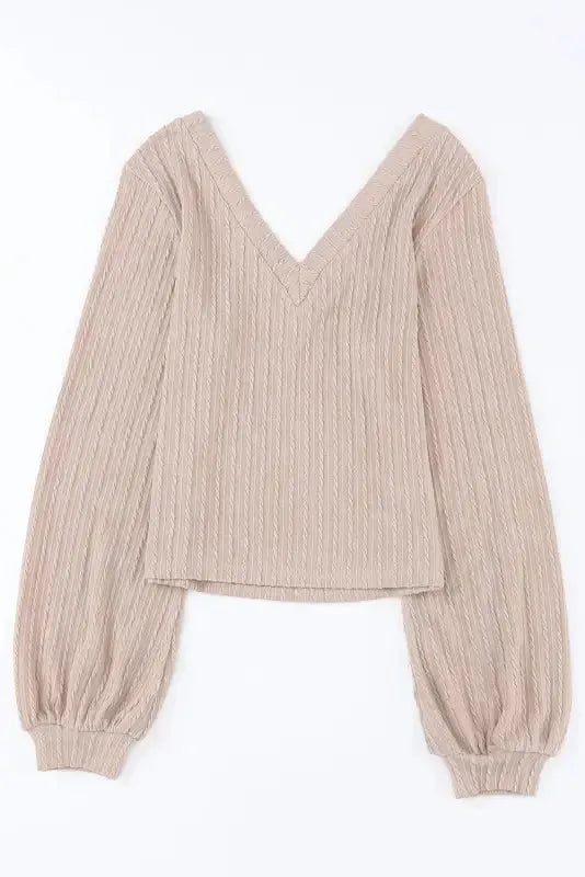 Khaki Knitted Jacquard V Neck Lantern Sleeve Top - Fashionfitz
