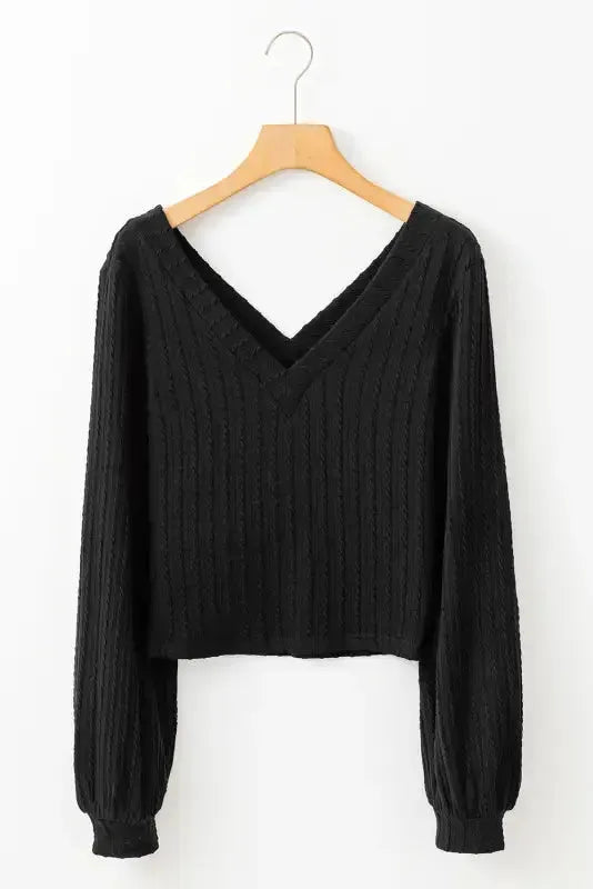 Khaki Knitted Jacquard V Neck Lantern Sleeve Top - Fashionfitz