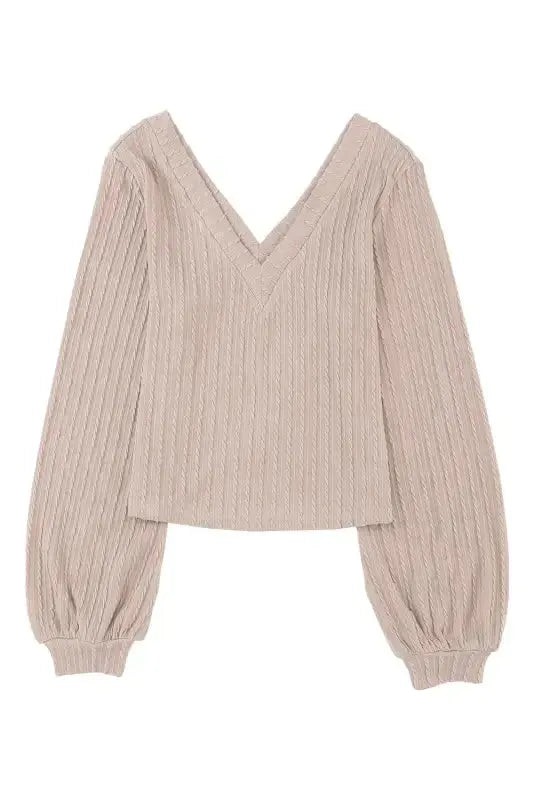 Khaki Knitted Jacquard V Neck Lantern Sleeve Top - Fashionfitz