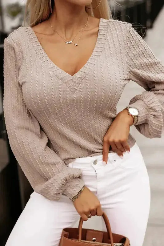 Khaki Knitted Jacquard V Neck Lantern Sleeve Top - Fashionfitz