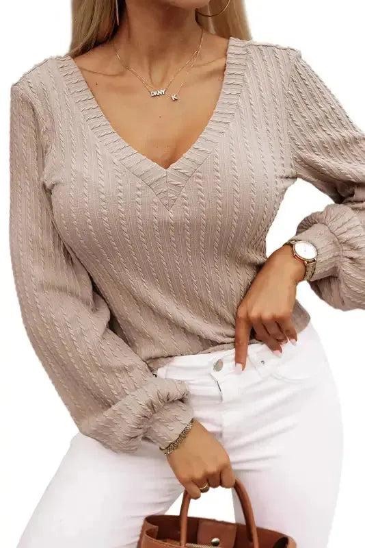 Khaki Knitted Jacquard V Neck Lantern Sleeve Top - Fashionfitz
