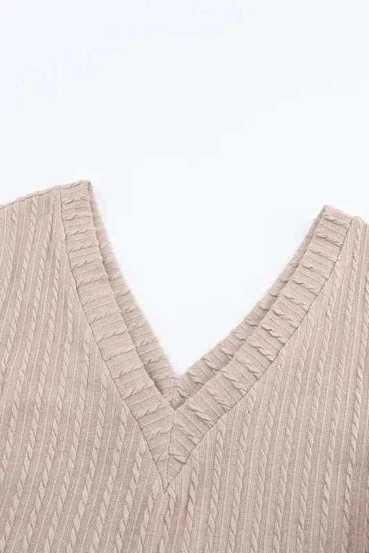 Khaki Knitted Jacquard V Neck Lantern Sleeve Top - Fashionfitz