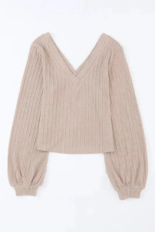 Khaki Knitted Jacquard V Neck Lantern Sleeve Top - Fashionfitz
