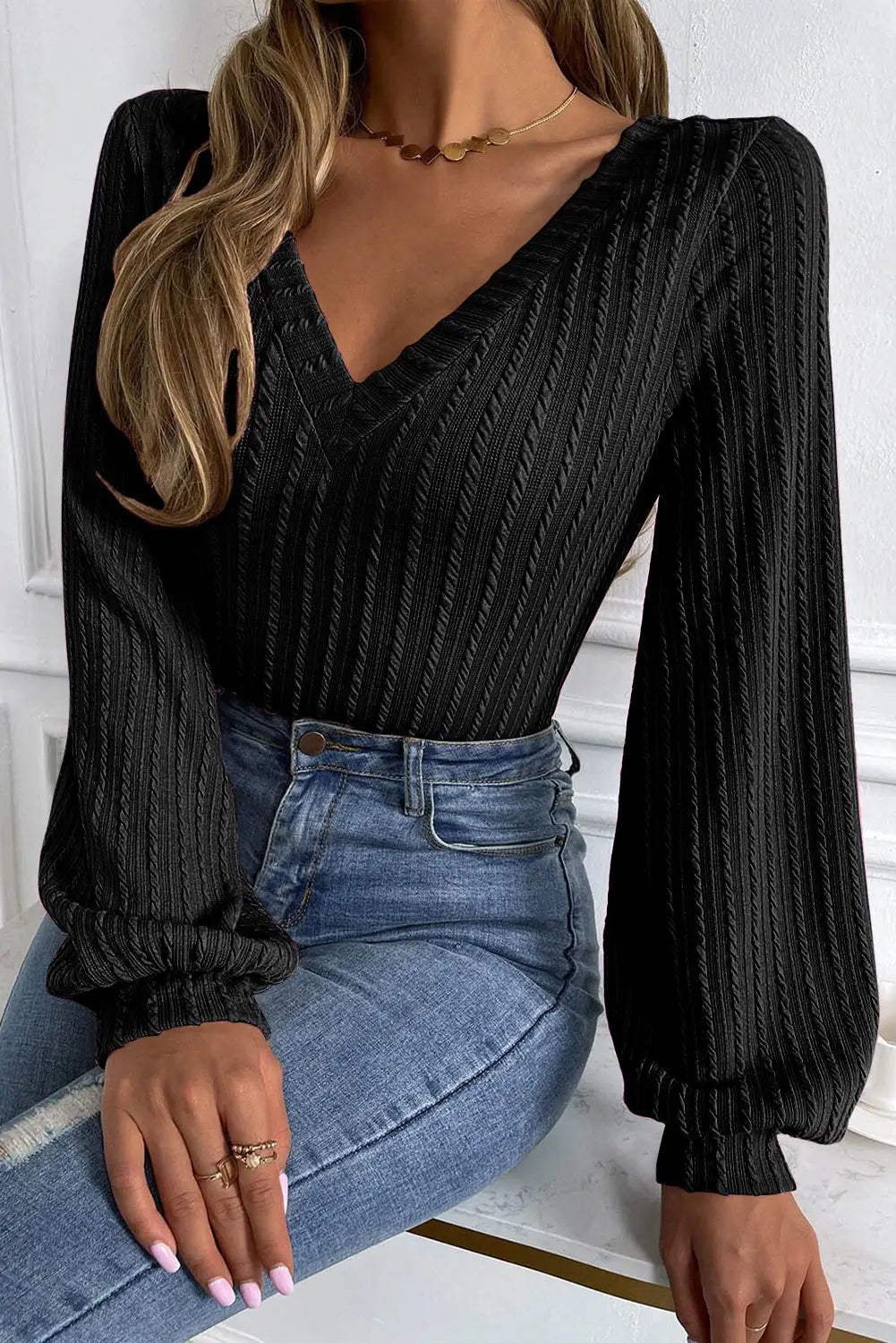 Khaki knitted jacquard v neck lantern sleeve top - black / s / 95% polyester + 5% elastane - long tops