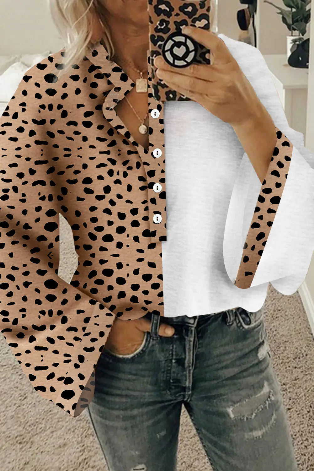 Khaki leopard contrast half button casual blouse - s / 100% polyester - blouses & shirts