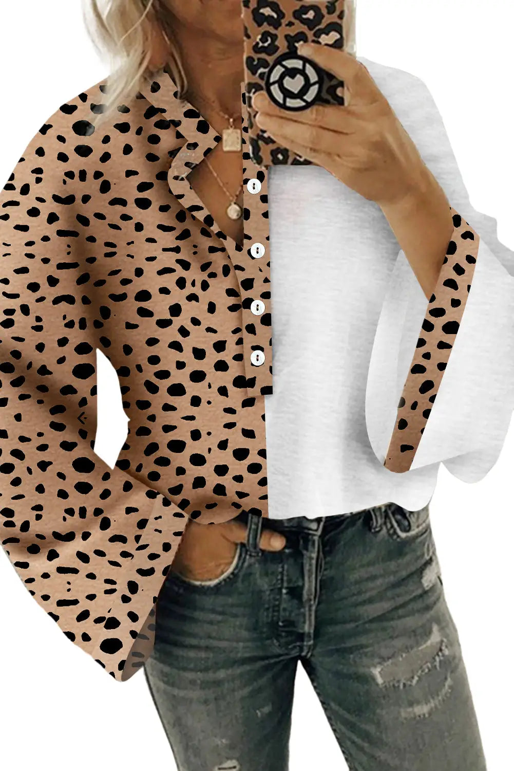 Khaki leopard contrast half button casual blouse - blouses & shirts