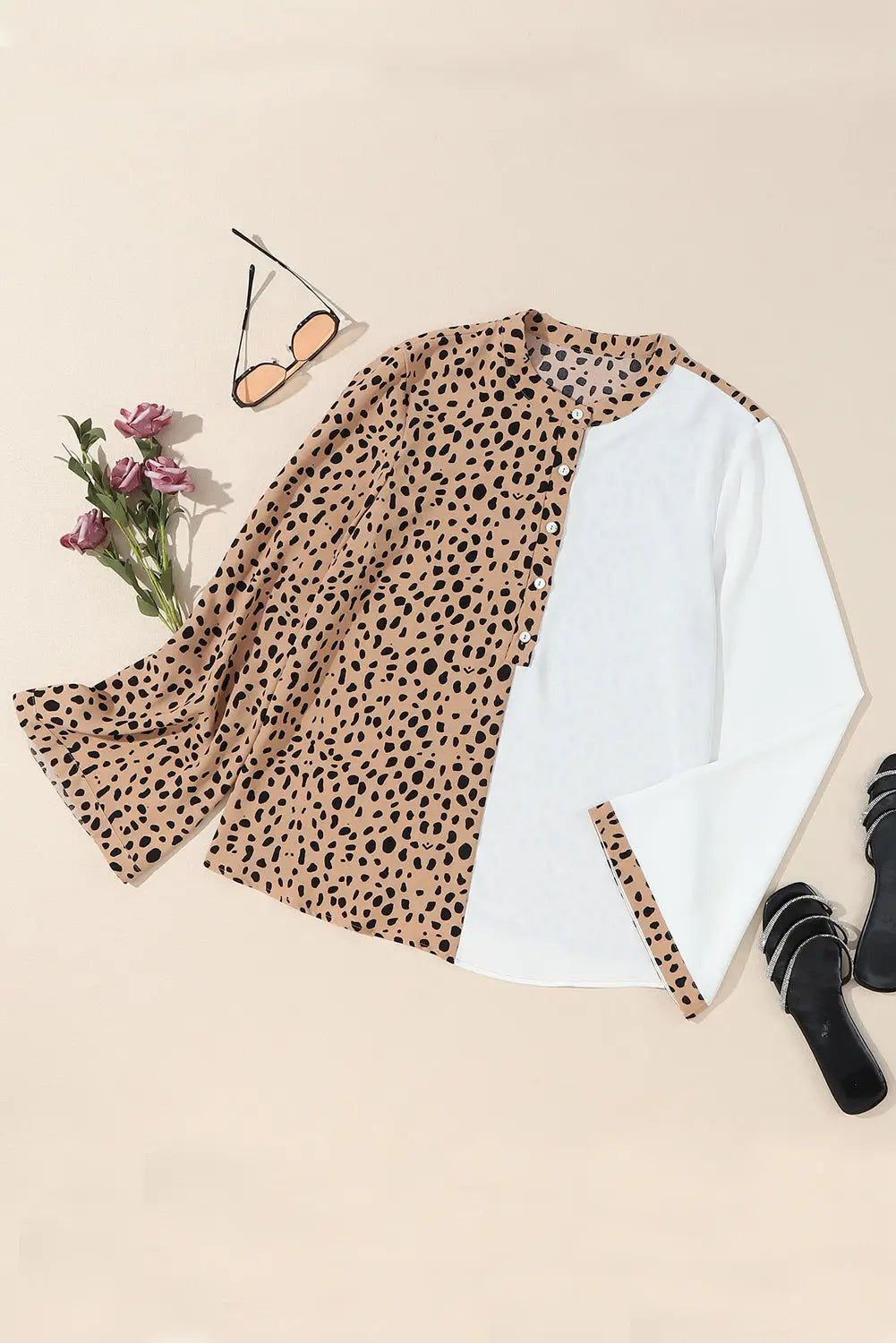 Khaki leopard contrast half button casual blouse - blouses & shirts