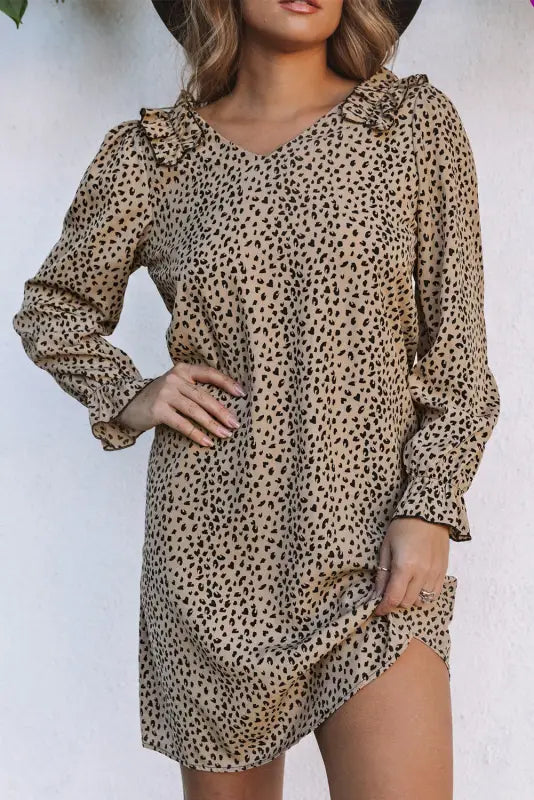 Khaki leopard frill trim v neck dress - mini dresses