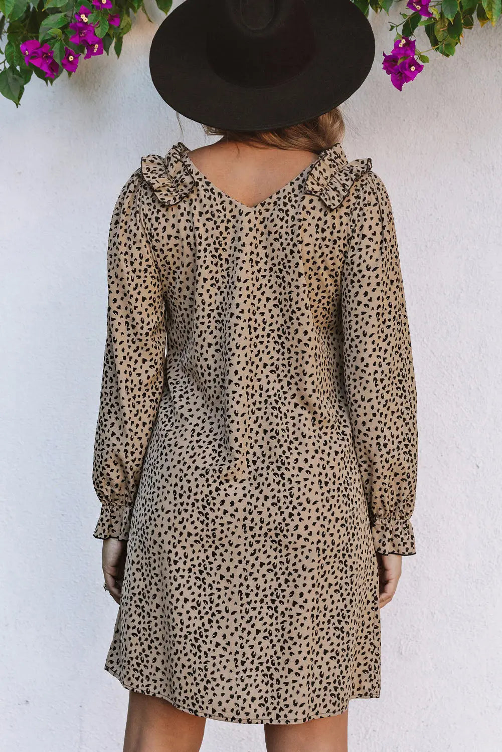 Khaki leopard frill trim v neck dress - mini dresses