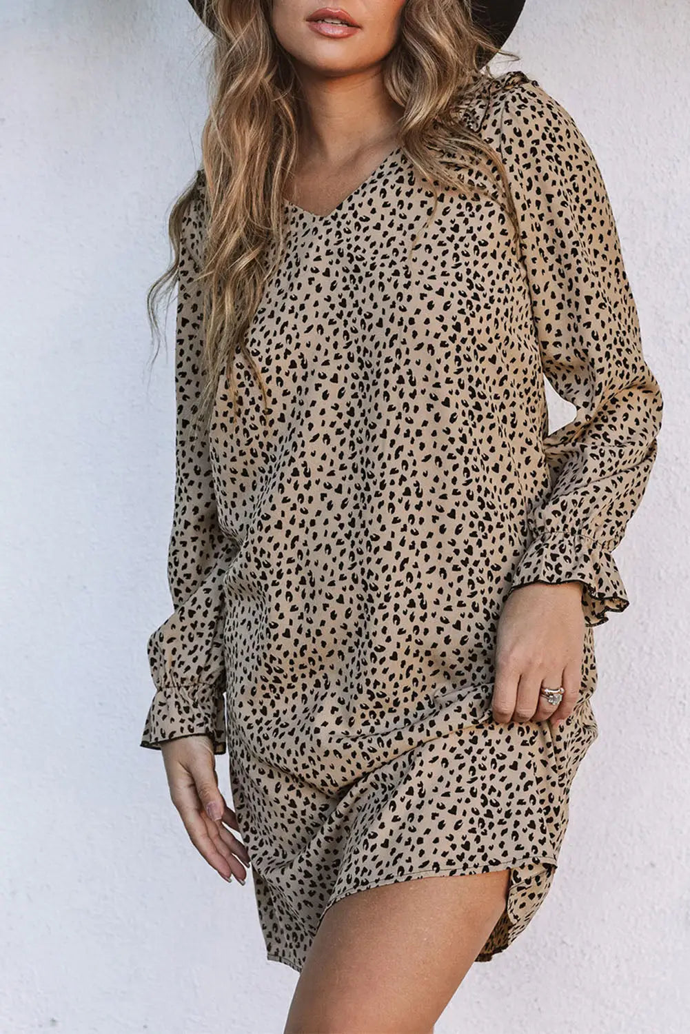 Khaki leopard frill trim v neck dress - mini dresses