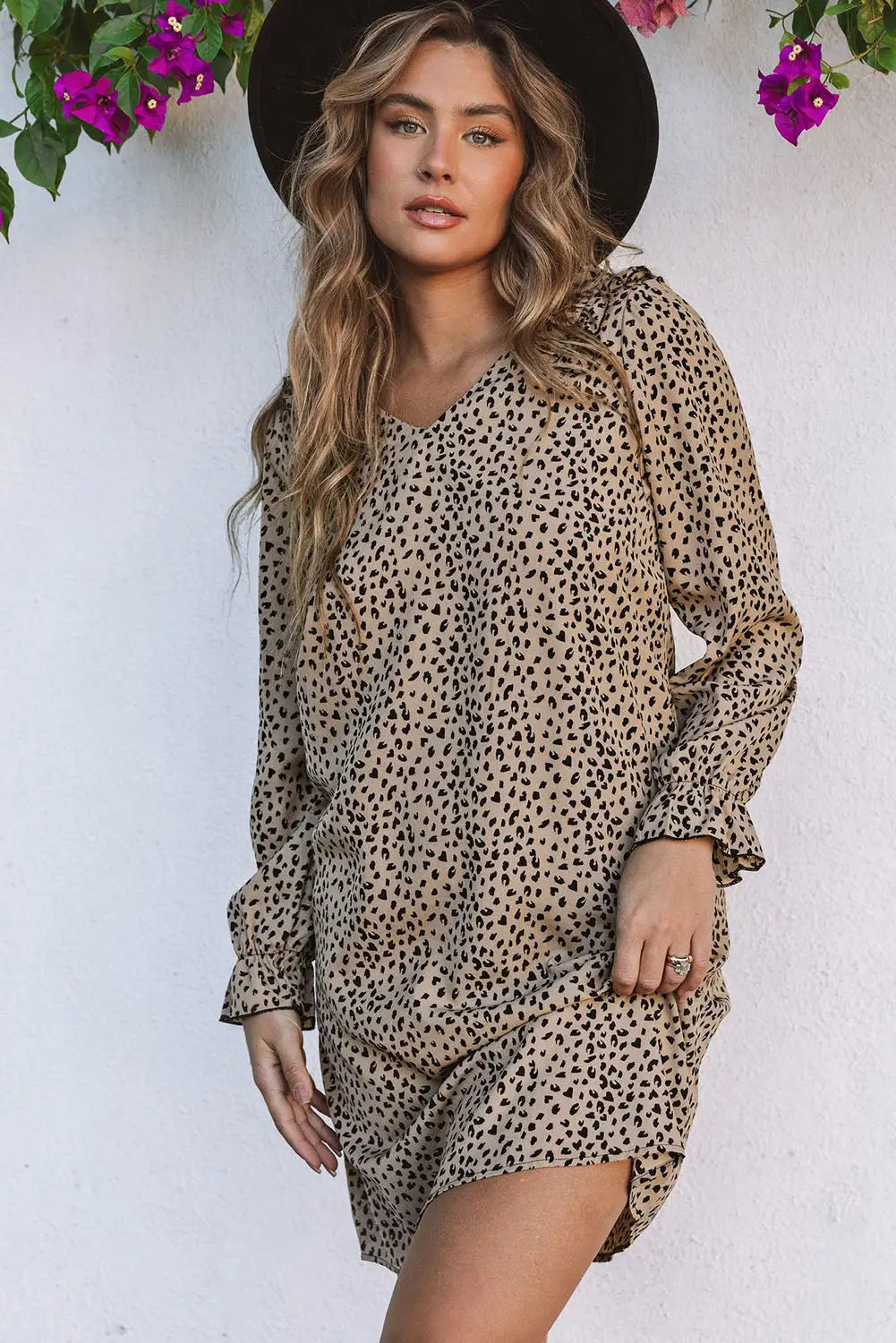 Khaki leopard frill trim v neck dress - s / 100% polyester - mini dresses