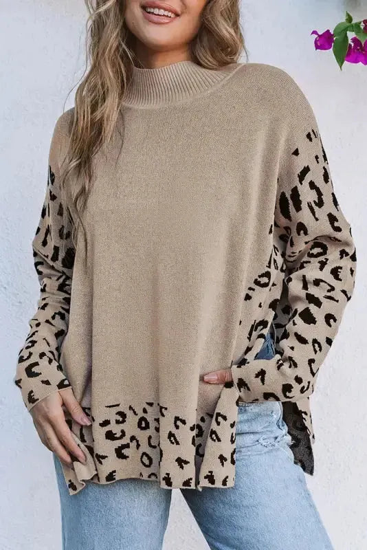 Khaki Leopard High Neck Side Slit Oversized Sweater - Fashionfitz
