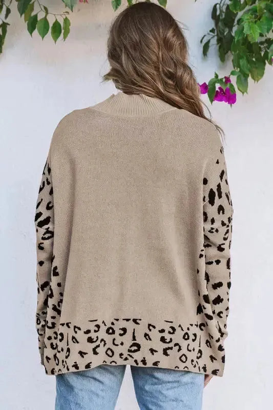 Khaki Leopard High Neck Side Slit Oversized Sweater - Fashionfitz