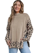 Khaki Leopard High Neck Side Slit Oversized Sweater - Fashionfitz