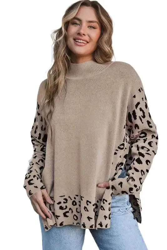 Khaki Leopard High Neck Side Slit Oversized Sweater - Fashionfitz