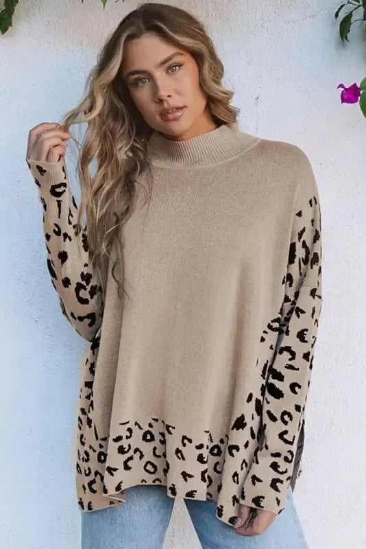 Khaki Leopard High Neck Side Slit Oversized Sweater - Fashionfitz