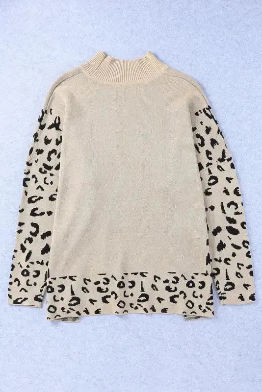 Khaki Leopard High Neck Side Slit Oversized Sweater - Fashionfitz