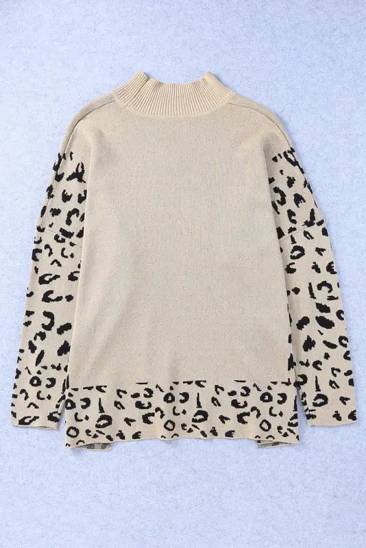 Khaki leopard high neck side slit oversized sweater - sweaters & cardigans