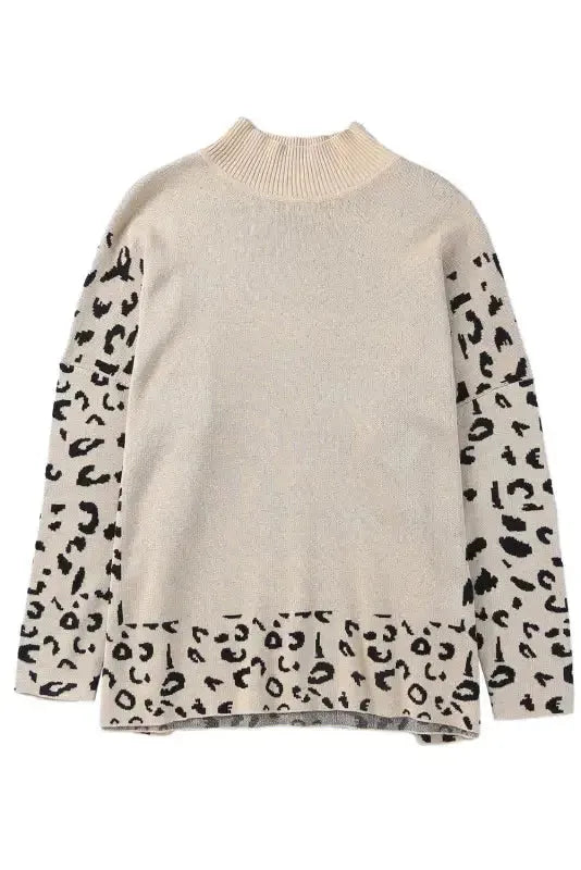 Khaki Leopard High Neck Side Slit Oversized Sweater - Fashionfitz
