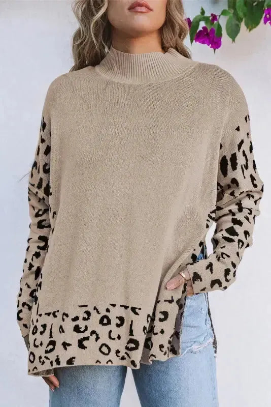Khaki Leopard High Neck Side Slit Oversized Sweater - Fashionfitz