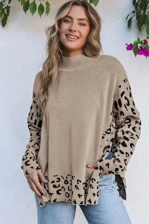 Khaki leopard high neck side slit oversized sweater front view — Fashionfitz UK