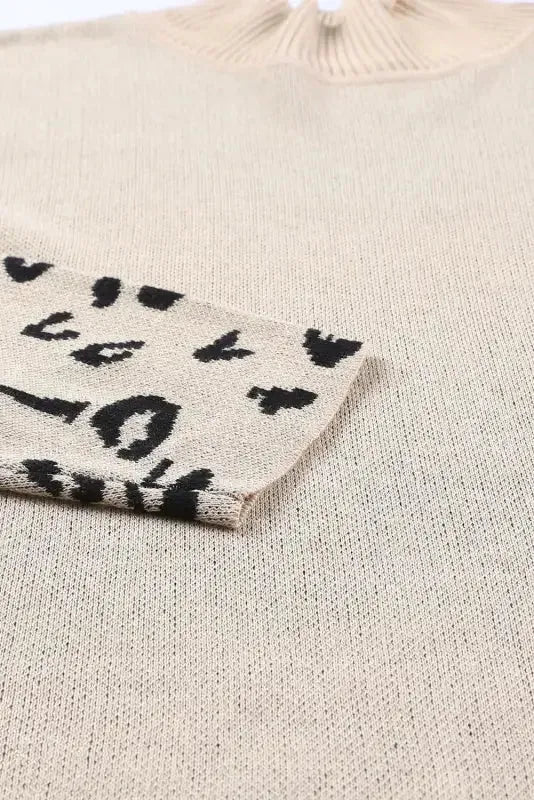 Khaki Leopard High Neck Side Slit Oversized Sweater - Fashionfitz