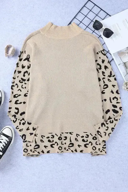 Khaki Leopard High Neck Side Slit Oversized Sweater - Fashionfitz