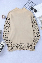Khaki Leopard High Neck Side Slit Oversized Sweater - Fashionfitz
