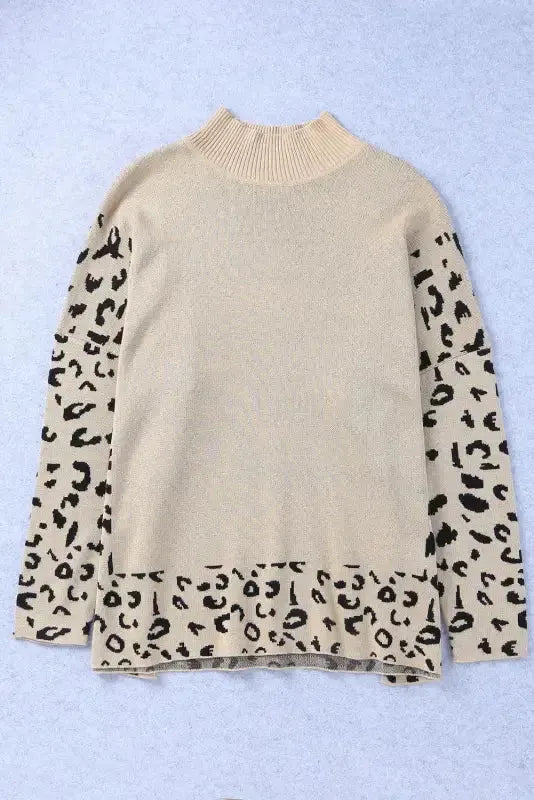 Khaki Leopard High Neck Side Slit Oversized Sweater - Fashionfitz