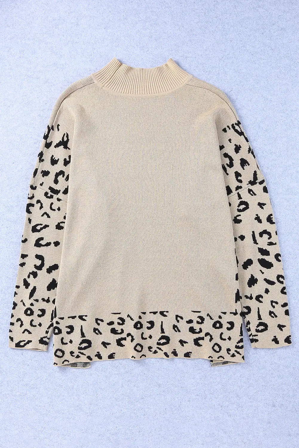 Khaki leopard high neck side slit oversized sweater - sweaters & cardigans