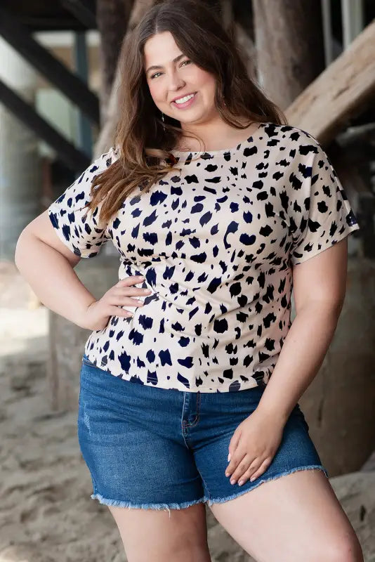 Khaki leopard open back plus size top - 1x / 95% polyester + 5% elastane - size/plus tops/plus tops & tees