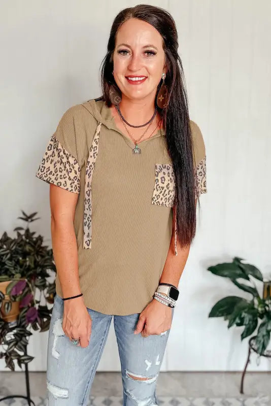 Khaki leopard patchwork drawstring hooded t shirt - t-shirts