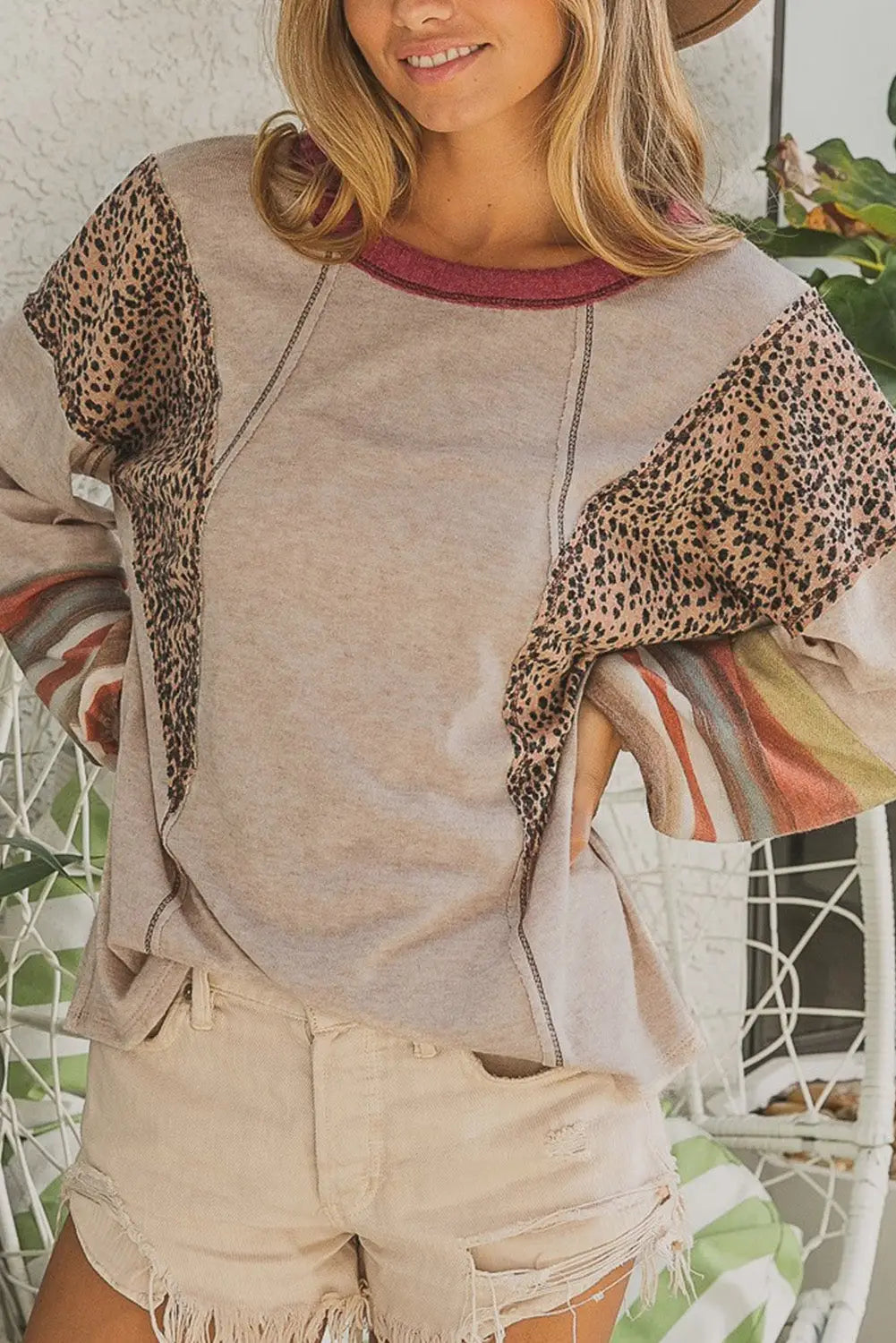 Khaki leopard serape patchwork exposed stitching pullover top - s / 60% polyester + 35% viscose + 5% elastane - tops