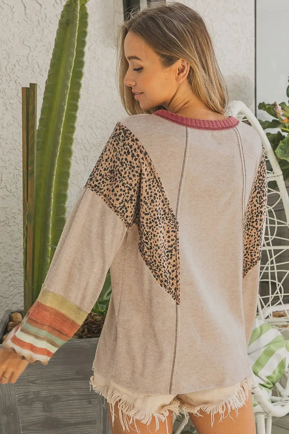 Khaki leopard serape patchwork exposed stitching pullover top - tops
