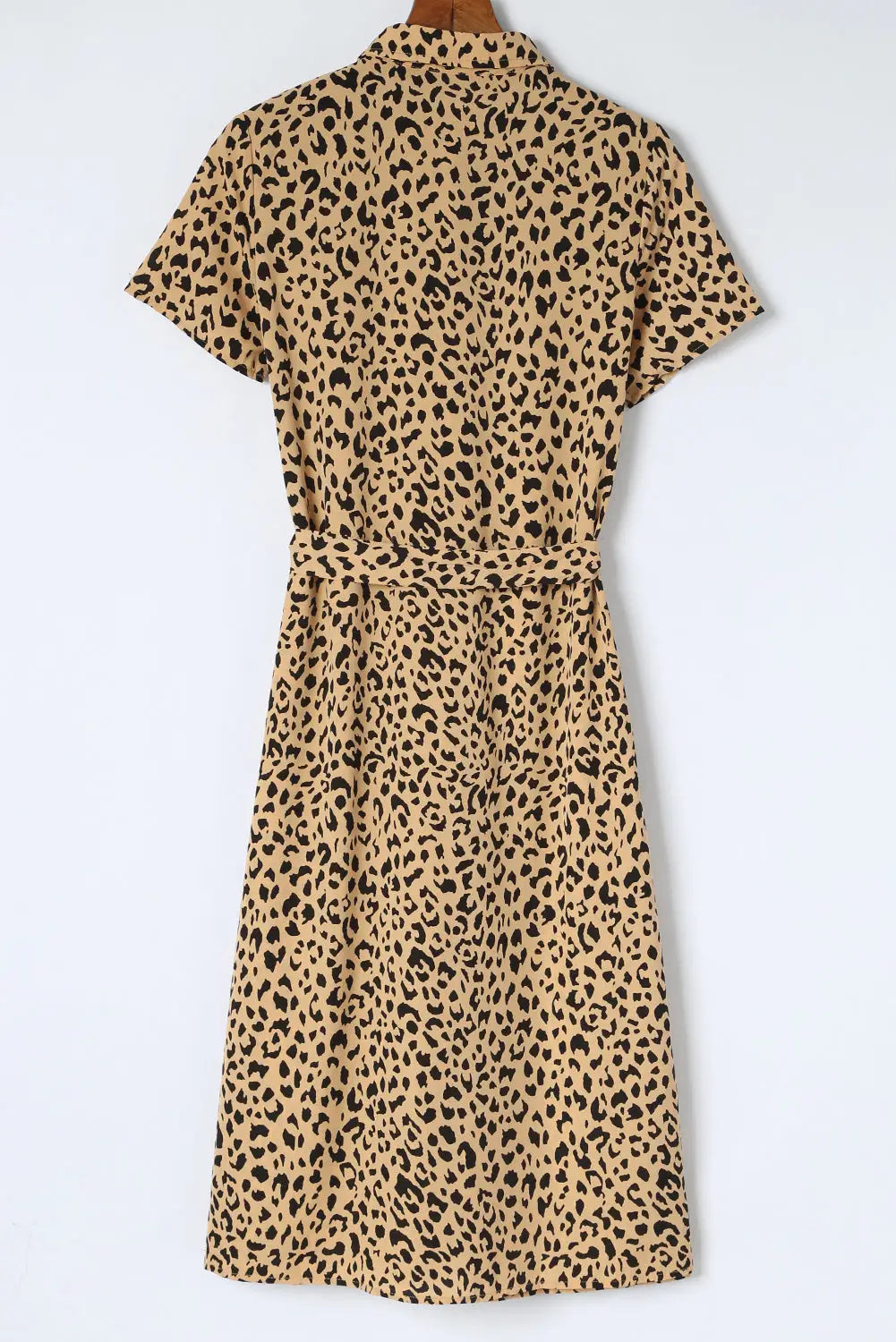 Khaki leopard turn-down collar slit midi dress - dresses