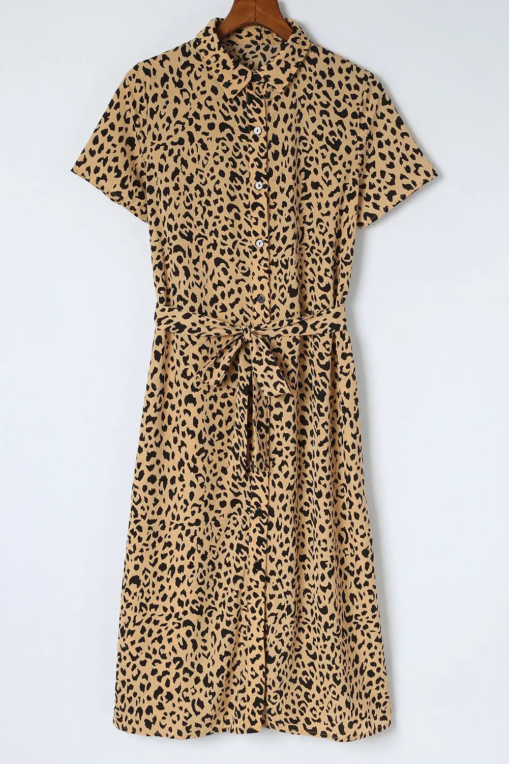 Khaki leopard turn-down collar slit midi dress - dresses