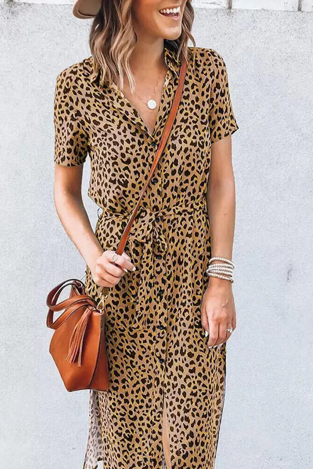 Khaki leopard turn-down collar slit midi dress - s / 100% polyester - dresses