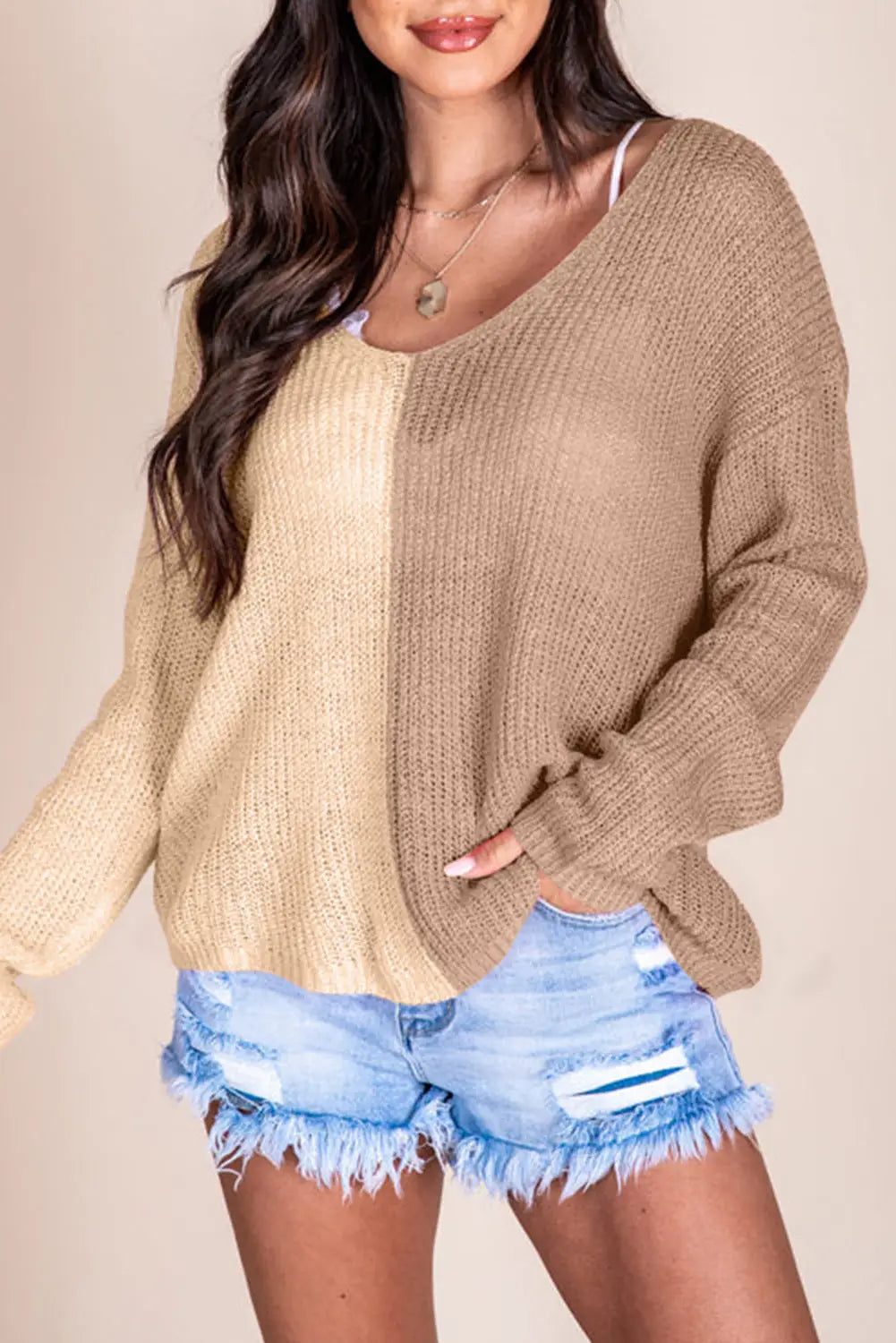 Khaki long sleeve v-neck colorblock sweater - s / 100% acrylic - sweaters & cardigans