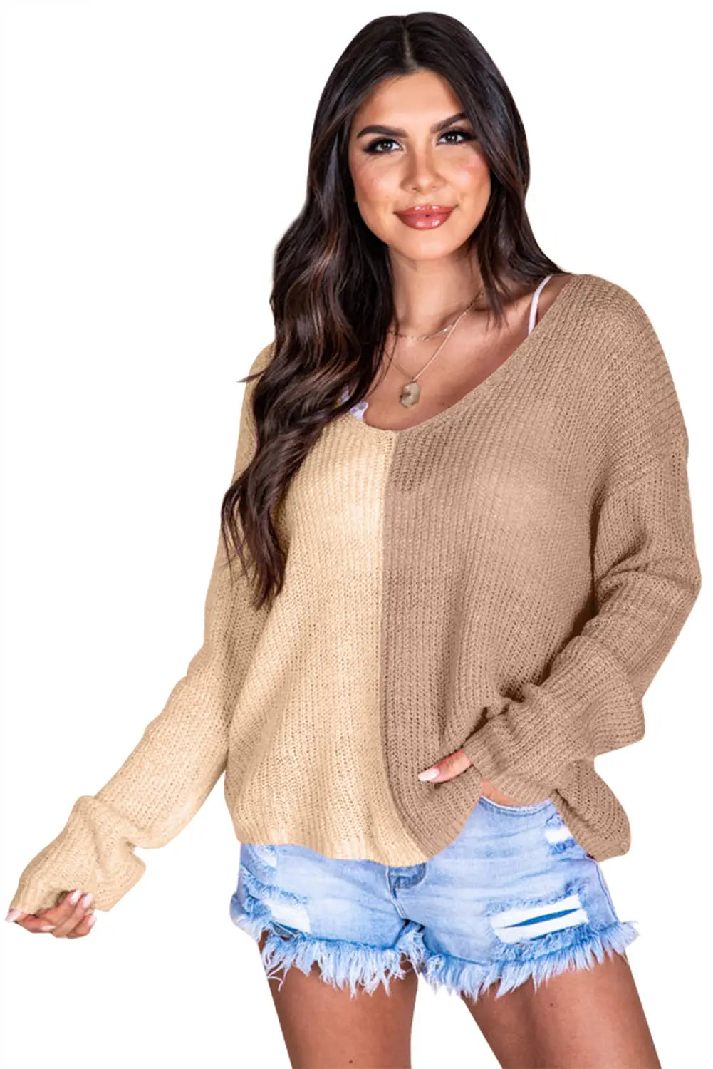 Khaki long sleeve v-neck colorblock sweater - sweaters & cardigans