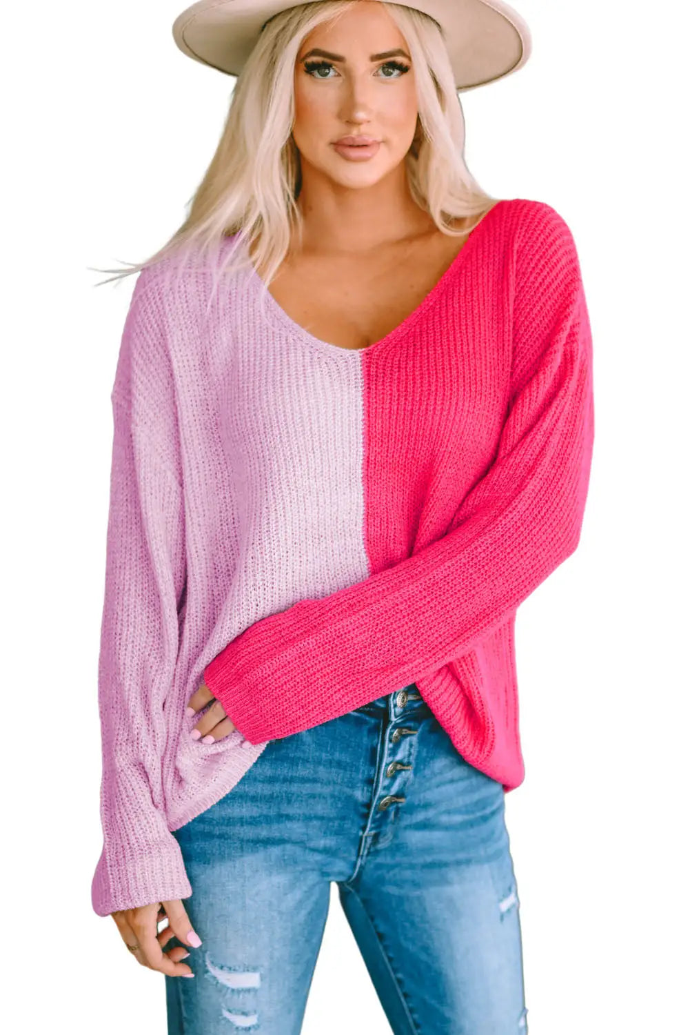 Khaki long sleeve v-neck colorblock sweater - sweaters & cardigans